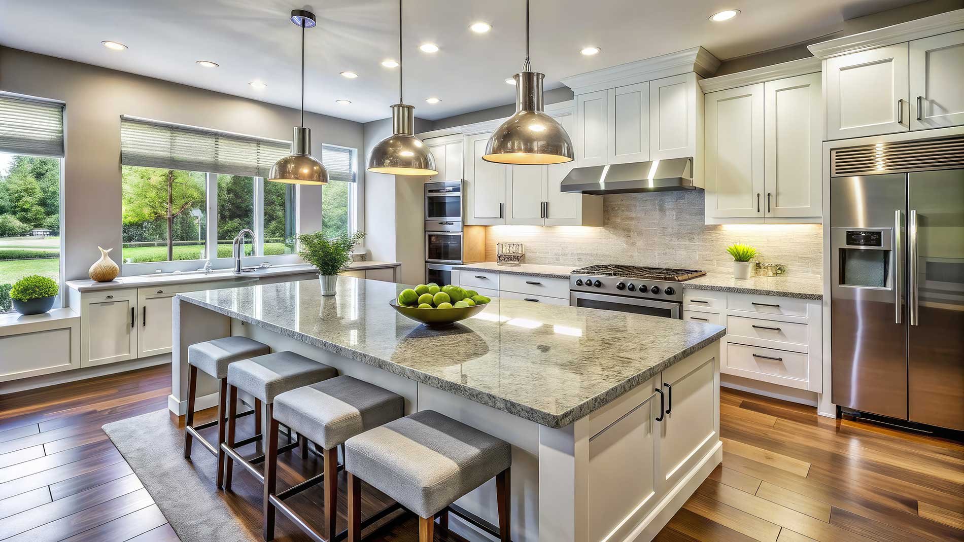 Modern kitchen featuring sleek, white, flat-panel cabinets with stainless steel handles, granite countertops